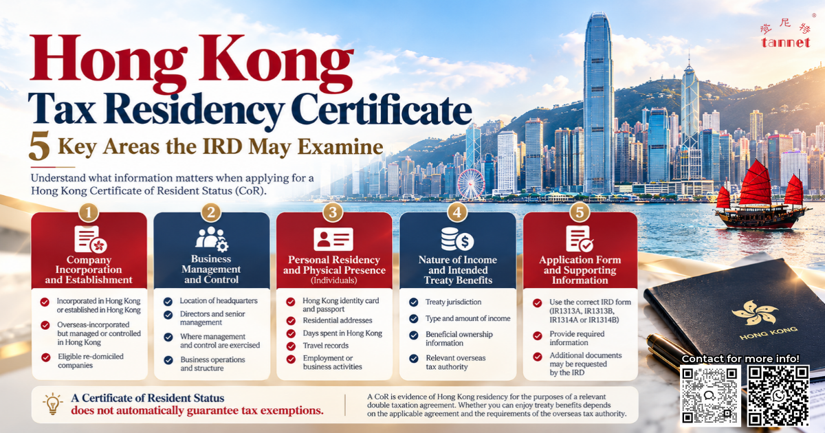 Hong Kong Tax Residency Certificate infographic showing five key IRD application considerations