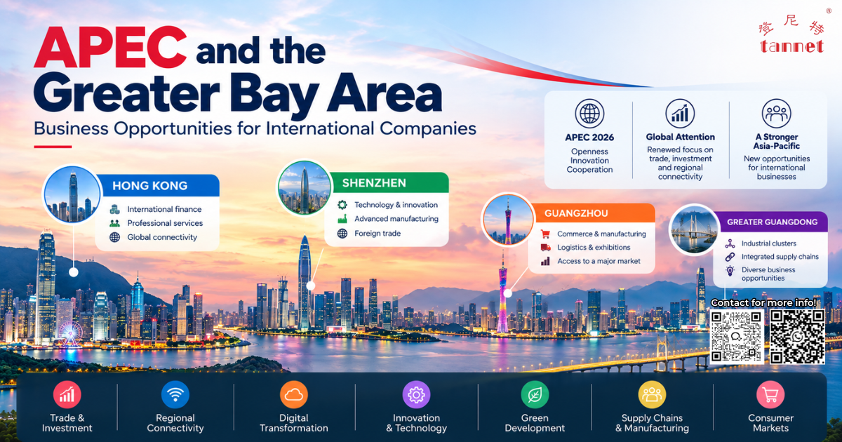 APEC 2026 Greater Bay Area business opportunities infographic featuring Hong Kong, Shenzhen, Guangzhou and key opportunities for international companies.