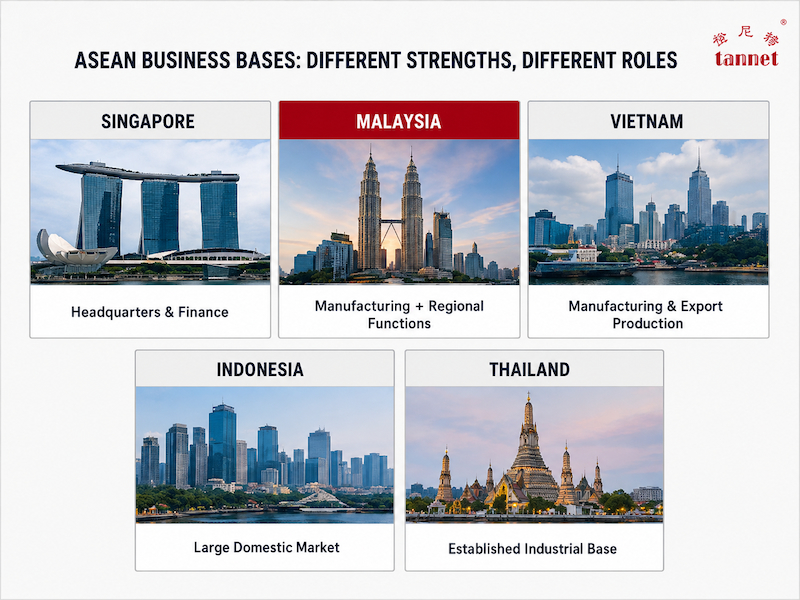 Comparison of Singapore, Malaysia, Vietnam, Indonesia and Thailand by regional business role