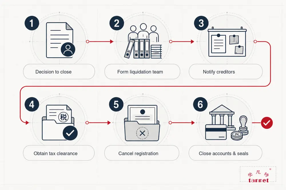 Six-stage China company closure process from shareholder decision to closing accounts and seals