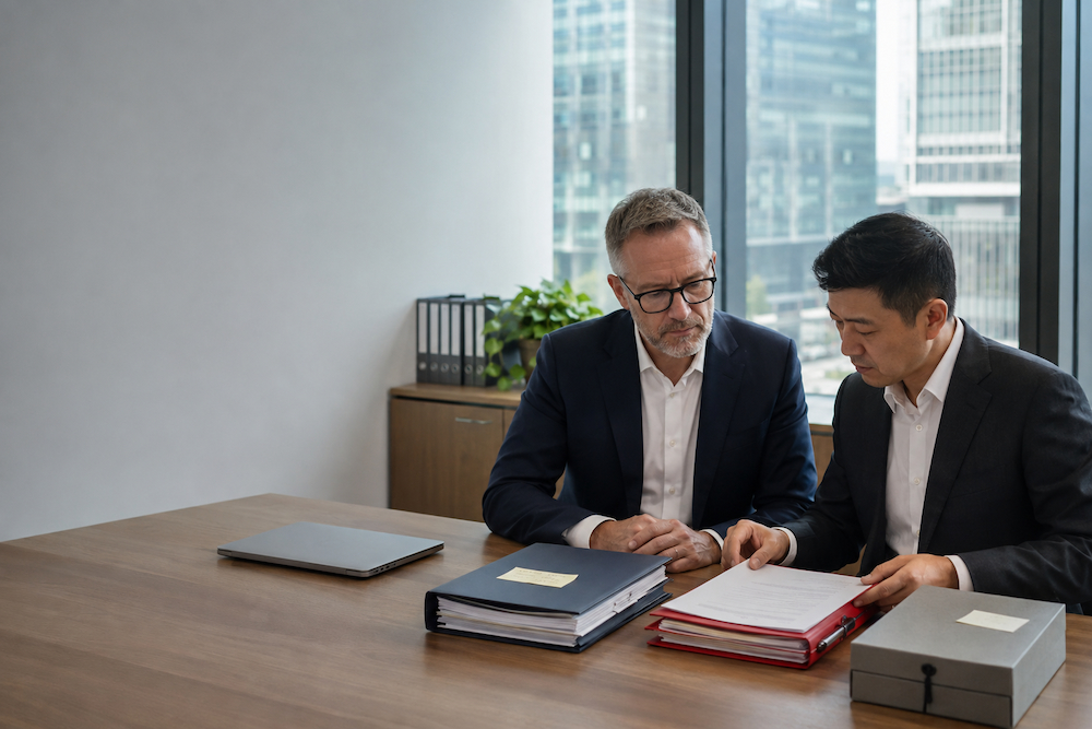 Overseas shareholder and Chinese adviser reviewing company records before deciding whether to suspend or close a China company