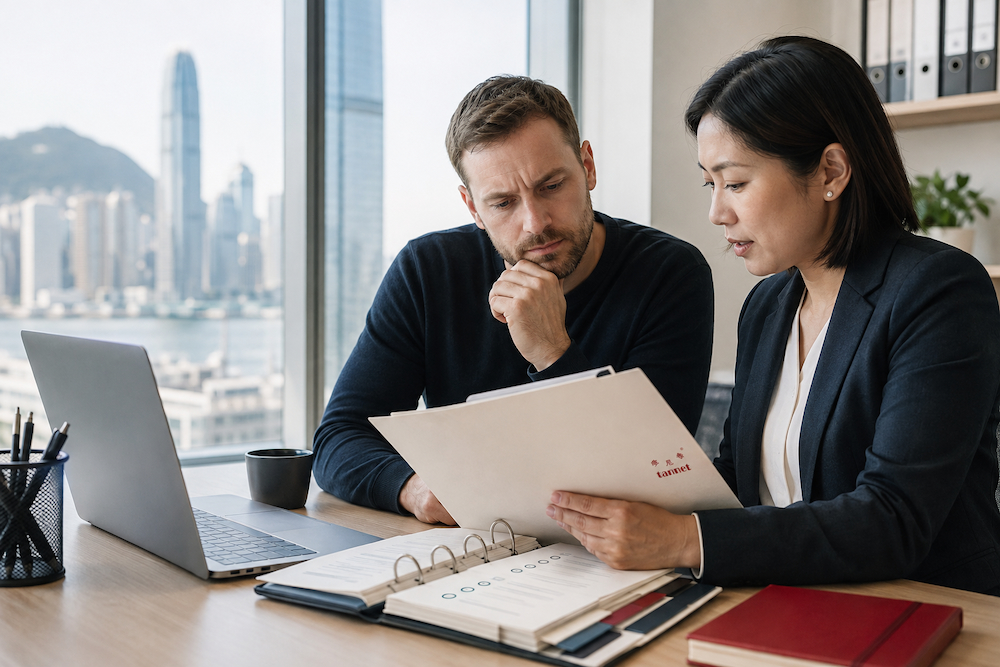 Foreign founder and Hong Kong adviser reviewing employment compliance documents in a Hong Kong office.