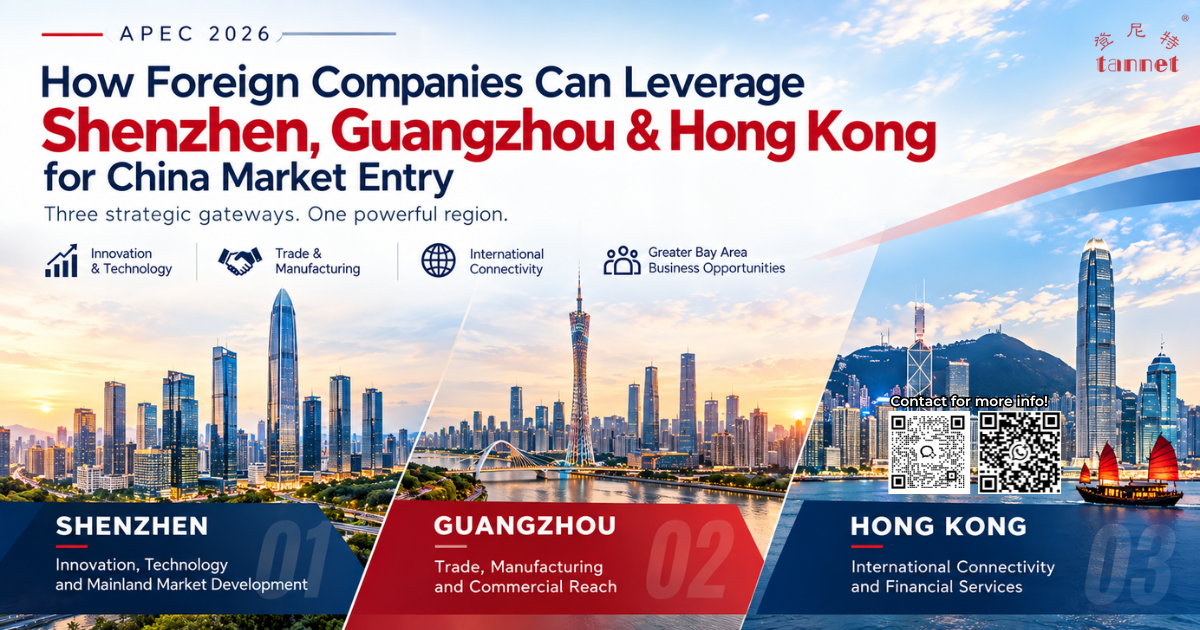 APEC 2026 China market entry infographic featuring Shenzhen, Guangzhou and Hong Kong as strategic Greater Bay Area gateways for foreign companies.