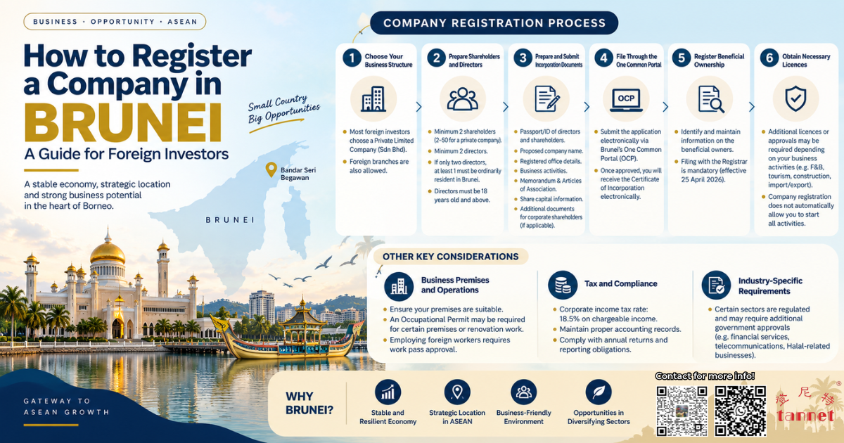 runei company registration infographic showing the incorporation process for foreign investors, including company structure, shareholder and director requirements, incorporation documents, One Common Portal filing, beneficial ownership, licensing, tax and compliance.
