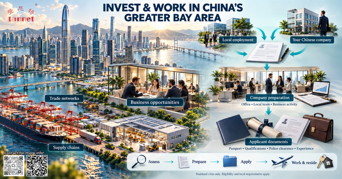 Greater Bay Area work visa infographic showing employment and investor routes, company preparation and applicant documents.