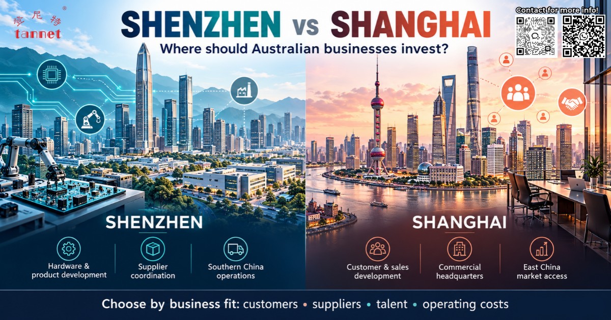 Shenzhen and Shanghai skylines with a comparison of supplier coordination, product development, sales and commercial operations.