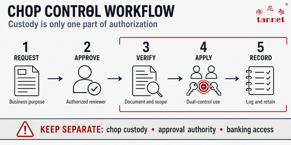 Five-step company chop approval and usage control workflow