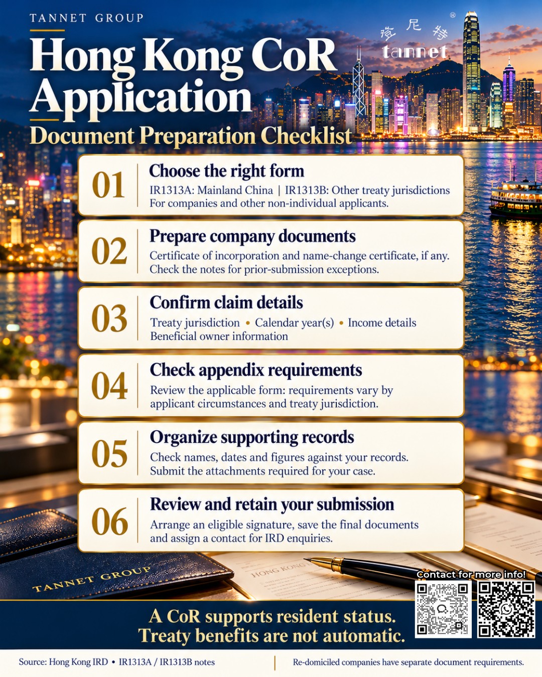 Hong Kong CoR application document checklist with six preparation steps against a Victoria Harbour skyline.